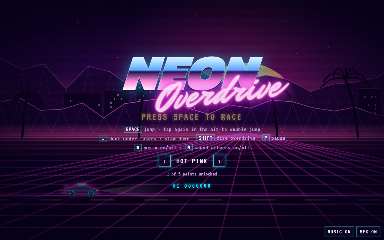 Neon Overdrive title screen: a chrome logo over a synthwave sunset grid